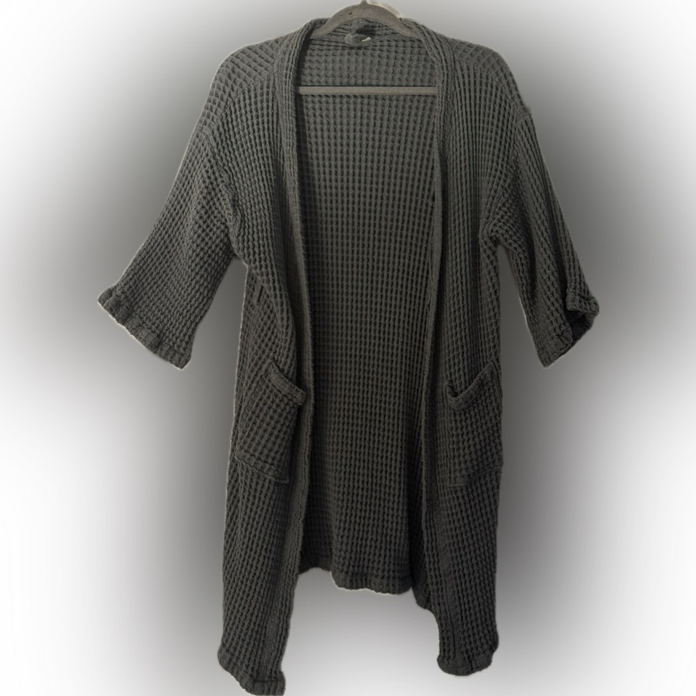 Charcoal Gray Waffle Knit Long Cardigan with Pockets | Size M